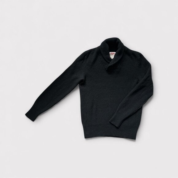 Levi's Sweater Mens Medium Black Shawl Collar Lambswool Knit Pullover Ribbed - Picture 2 of 10